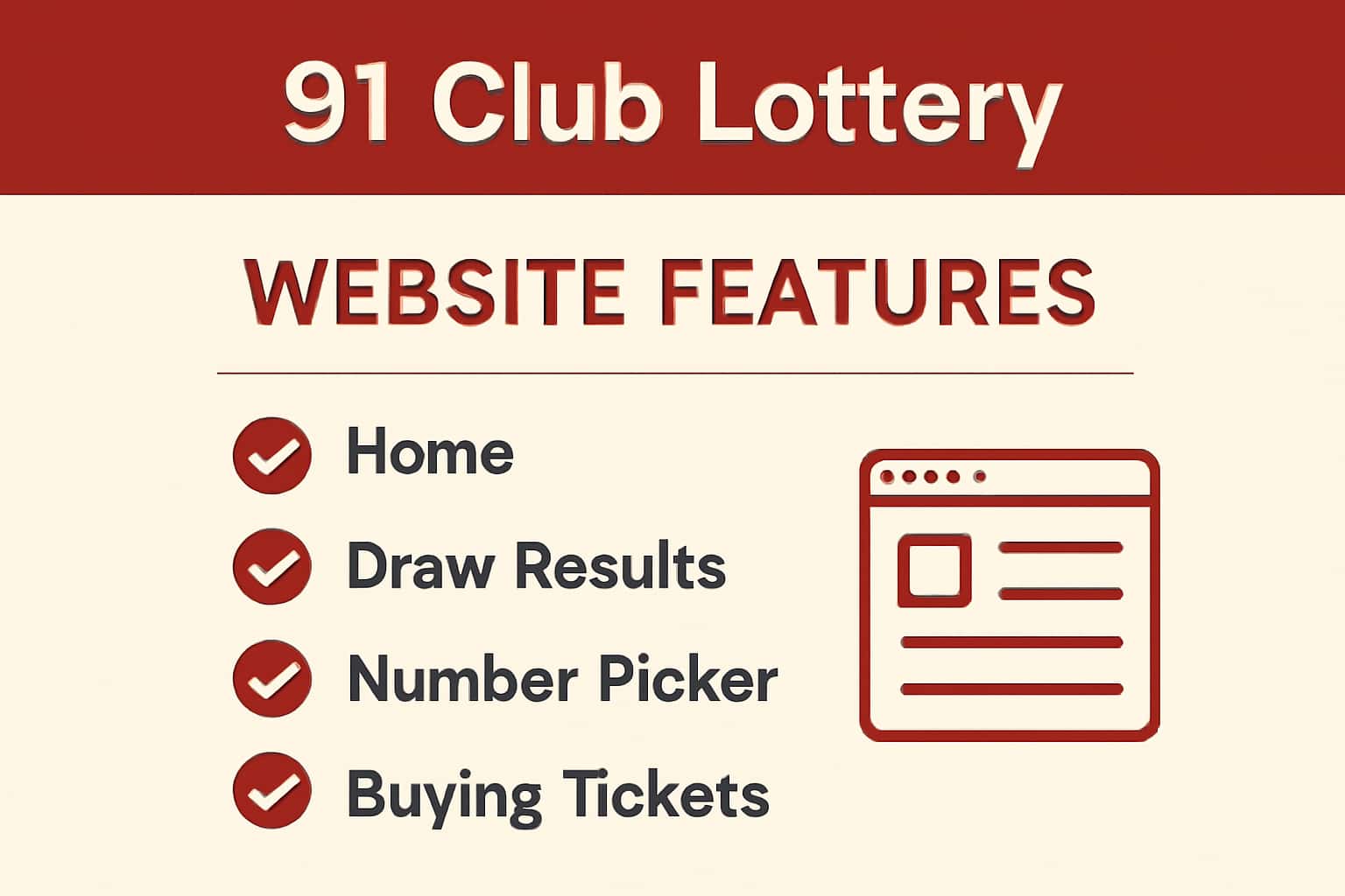 A neutral informational scene showcasing the features of the 91 Club Lottery website.